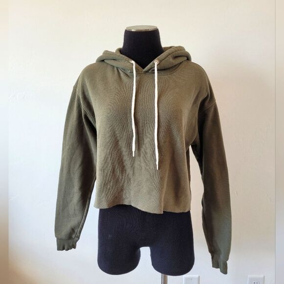 Cropped Hoodie Olive Army Green Cozy Oversized Boxy Cotton Loungewear Medium - Picture 1 of 9